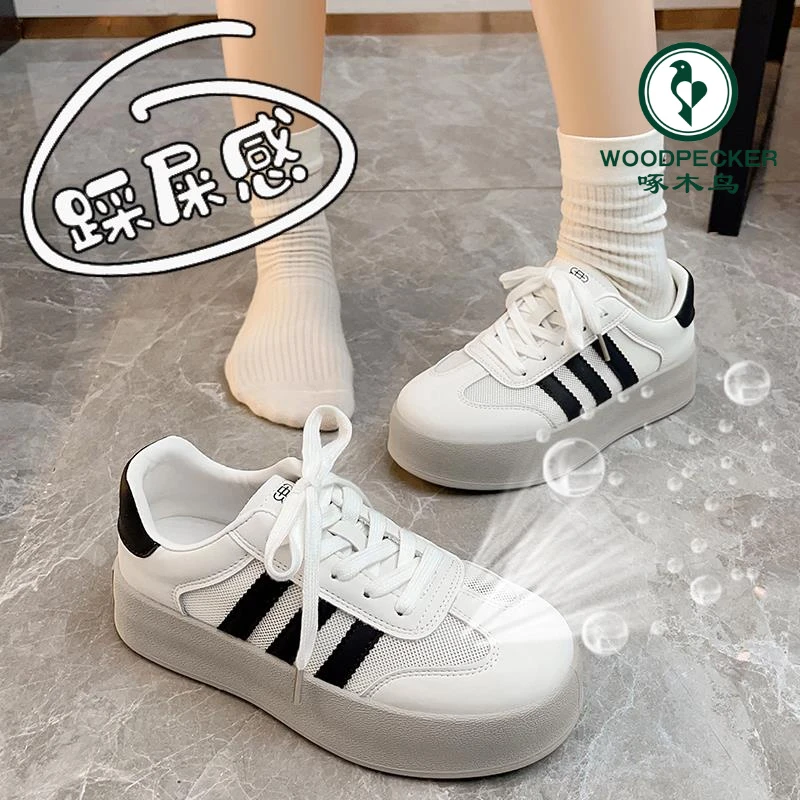 啄木鸟夏季透气网面小白鞋女2025新款厚底休闲德训鞋女软底不累脚