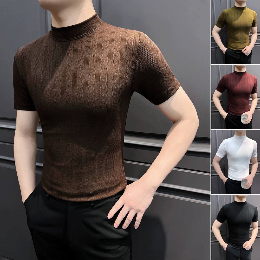 竖纹短袖t恤男款爆款2025新款网红洋气炸街男装痞帅半高领打底衫