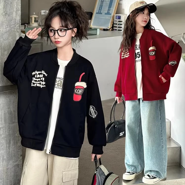 女童春秋装外套2025新款儿童洋气棒球服中大童初中生美式嘻哈夹克