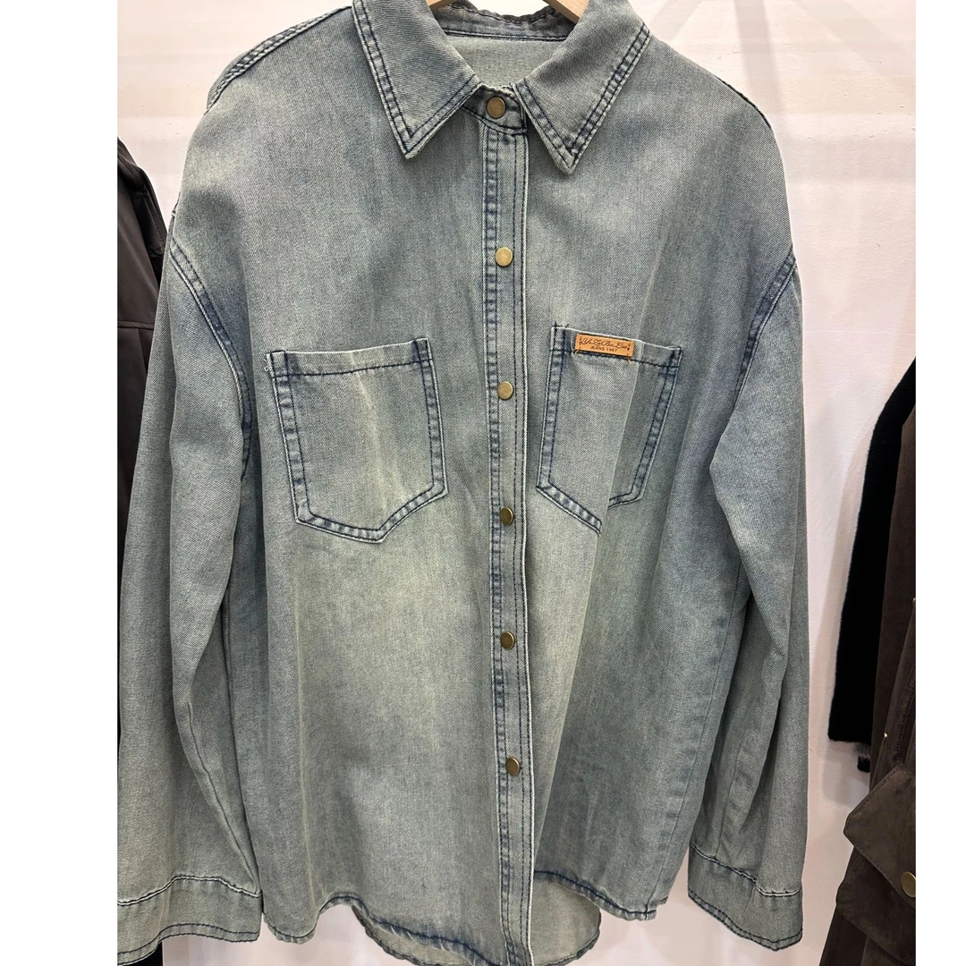 复古水洗蓝牛仔衬衫