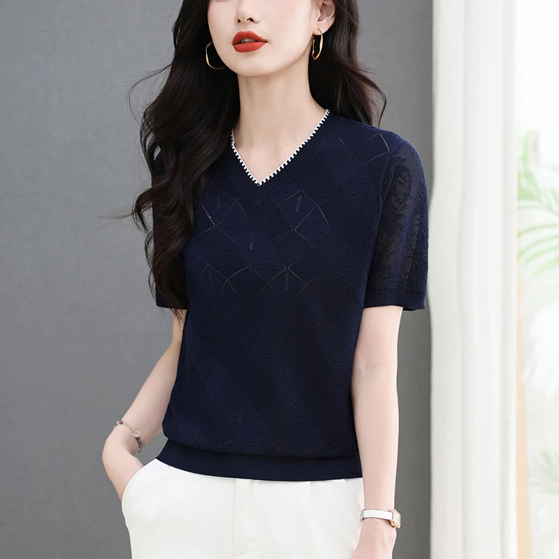 气质轻奢小衫女夏季V领天丝短袖t恤2025新款大码胖mm遮肚显瘦上衣