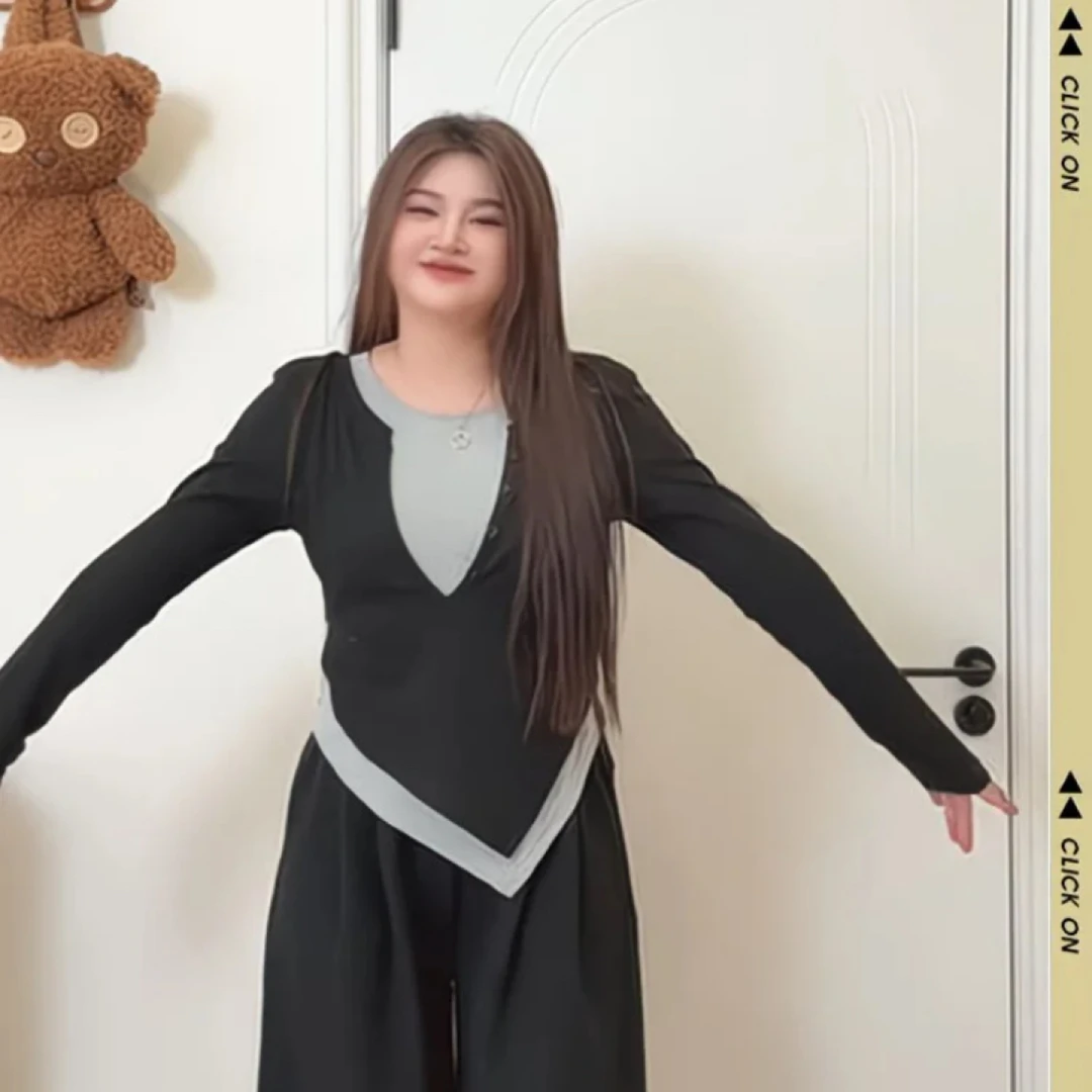 美奈美衣推荐设计感圆领拼接长袖黑色显瘦嘻哈风打底秋季新款打底