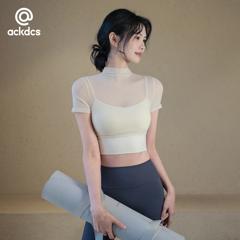 Ackdcs性感网纱瑜伽上衣女带胸垫运动T恤普拉提健身短袖夏季新款