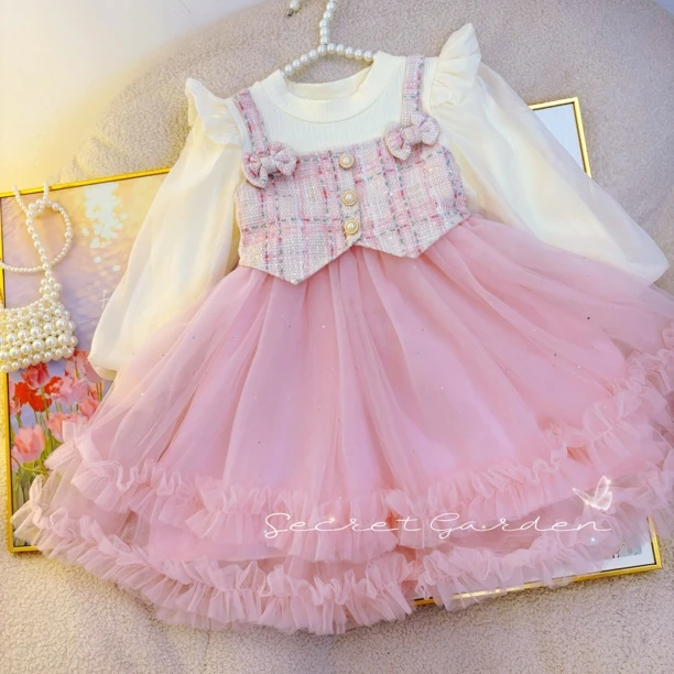 千鸟格公主风女长袖秋季蝴蝶格子连衣裙童裙宝宝学院风国风仙女裙