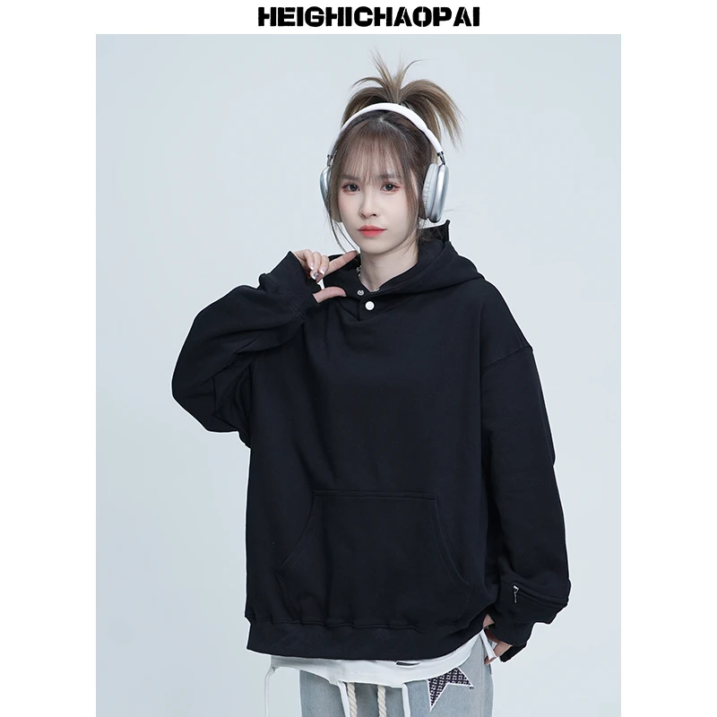 重磅卫衣男女连帽后背拉链宽松潮牌美式高街春秋款纯色情侣卫衣