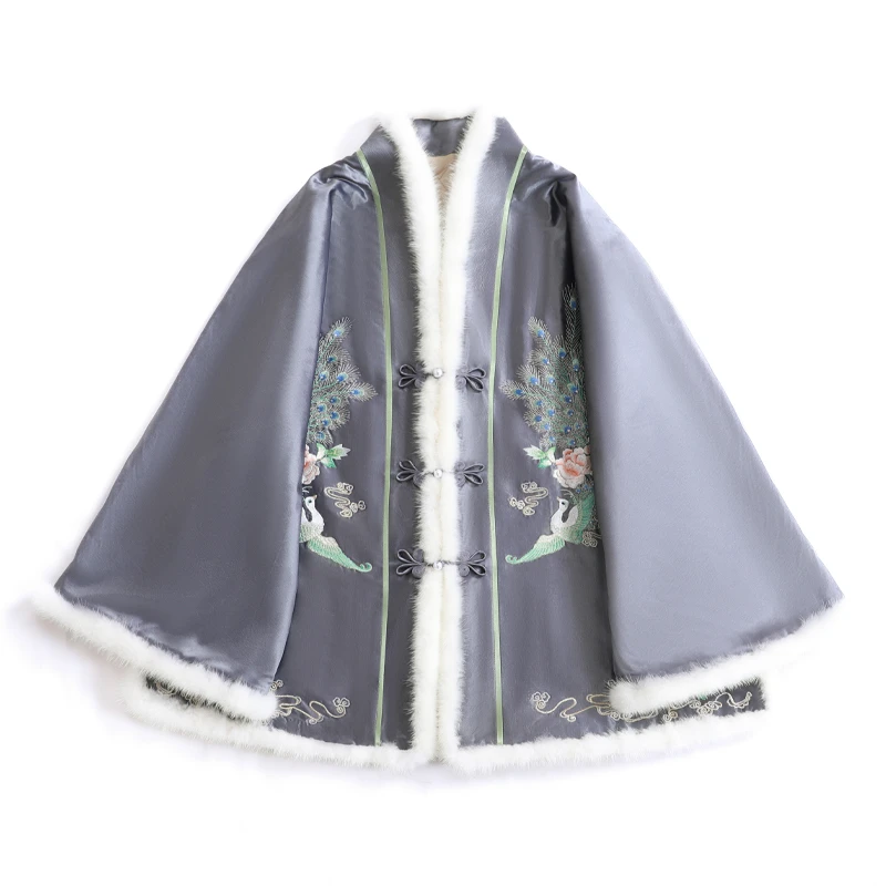 「翠翎丹华」锦依天裁 塔夫绸 手工定制水貂毛百搭国潮女装汉服棉衣