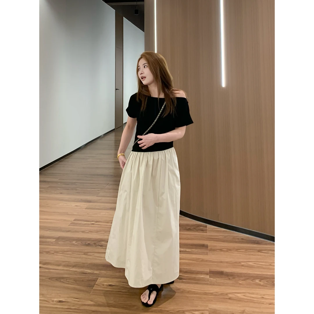 YO定制150小个子法式气质撞色拼接一字肩连衣裙夏季显瘦A字长裙子