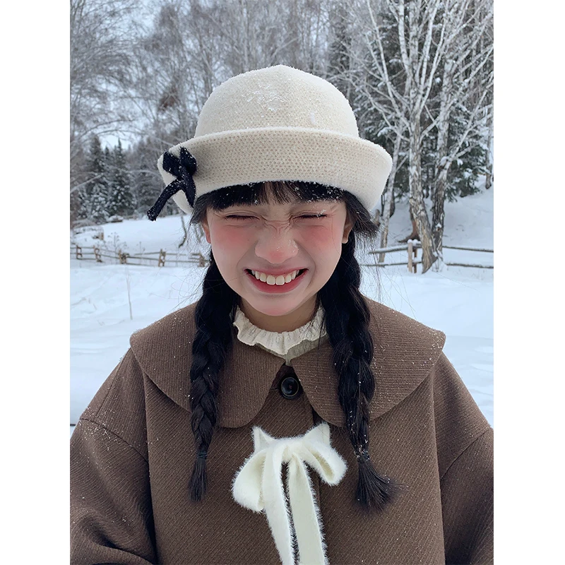 嘿山姥姥 咖色绑带蝴蝶结大衣女冬宽松复古娃娃领中长款呢子外套