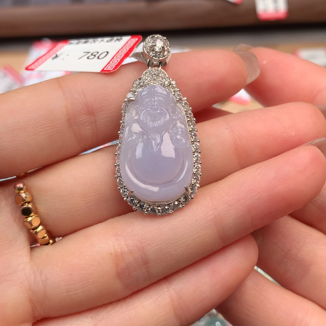 翡翠挂件银S925镶嵌财神