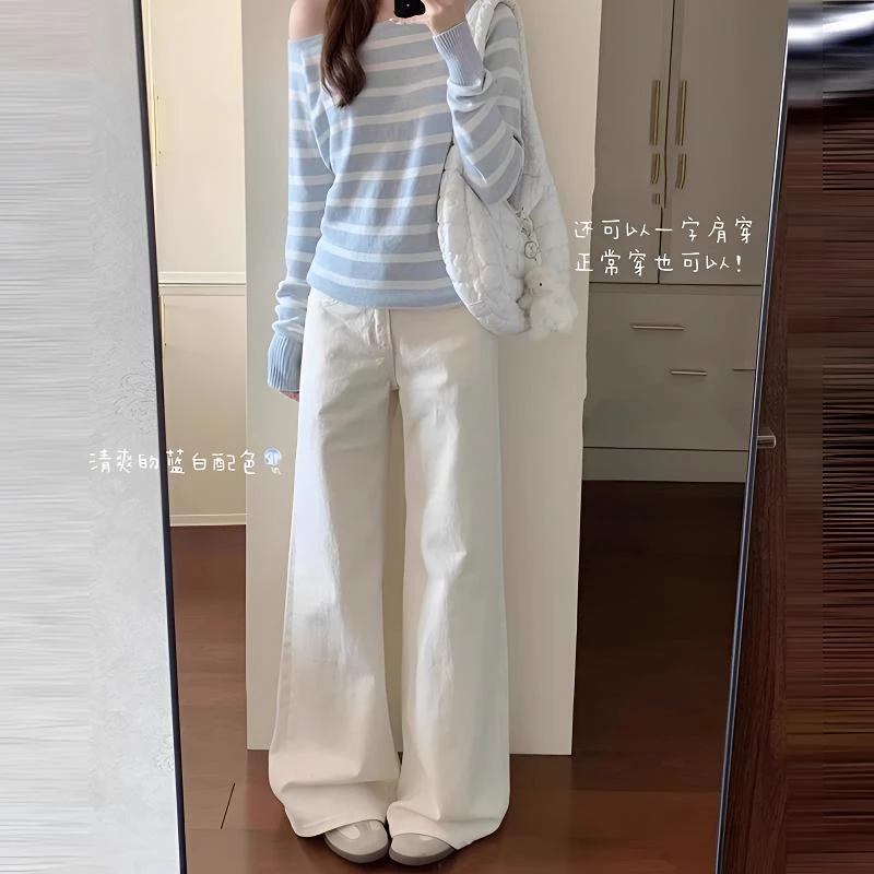 雪千羽白色高腰宽松阔腿牛仔裤女2025夏新款显瘦小个子直筒拖地裤