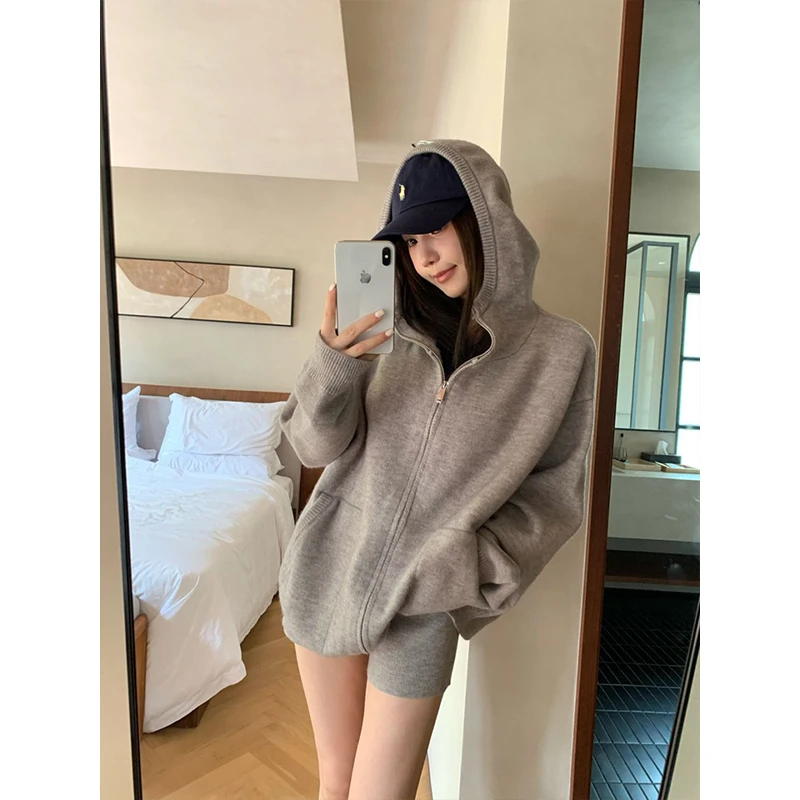 番茄妹妹Tomatosister灰色连帽毛衣秋冬慵懒风针织开衫拉链套装女