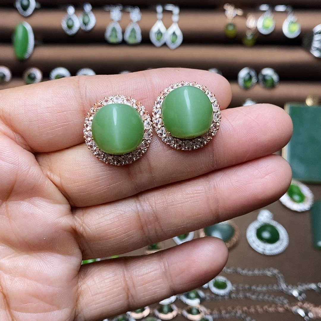 吊坠(不含链)银S925镶嵌和田玉（碧玉）耳饰