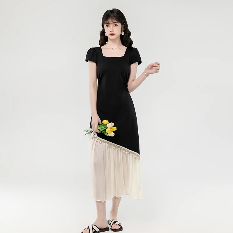 2025夏新款方领气质收腰显瘦不规则设计感网纱下摆长款连衣裙