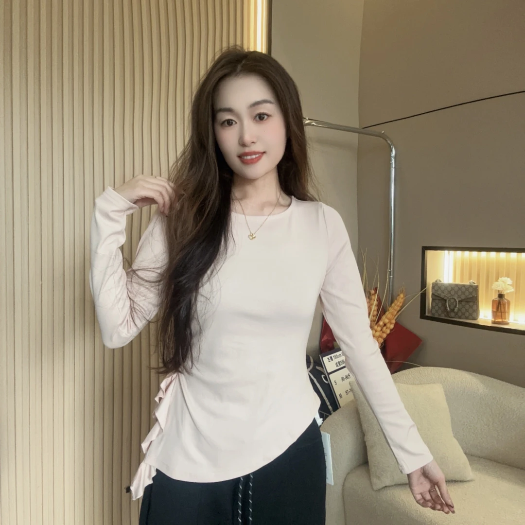 法式荷叶边抽褶不规则棉T恤女修身显瘦高级感时尚气质开叉上衣女
