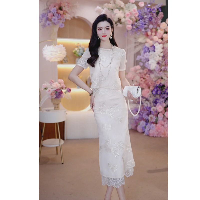 2025女夏季新款轻奢修身刺绣短袖时尚两件套杏色上衣+半身裙6144