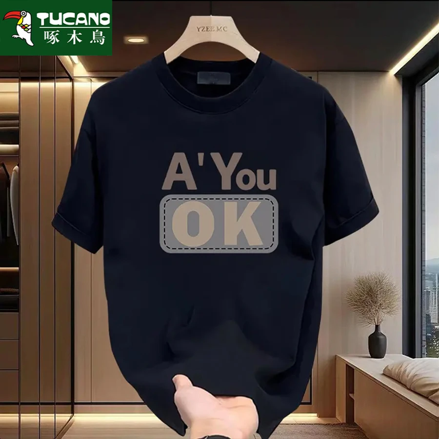啄木鸟重磅纯棉短袖T恤男士夏季新款2025爆款休闲时尚印花圆领T恤