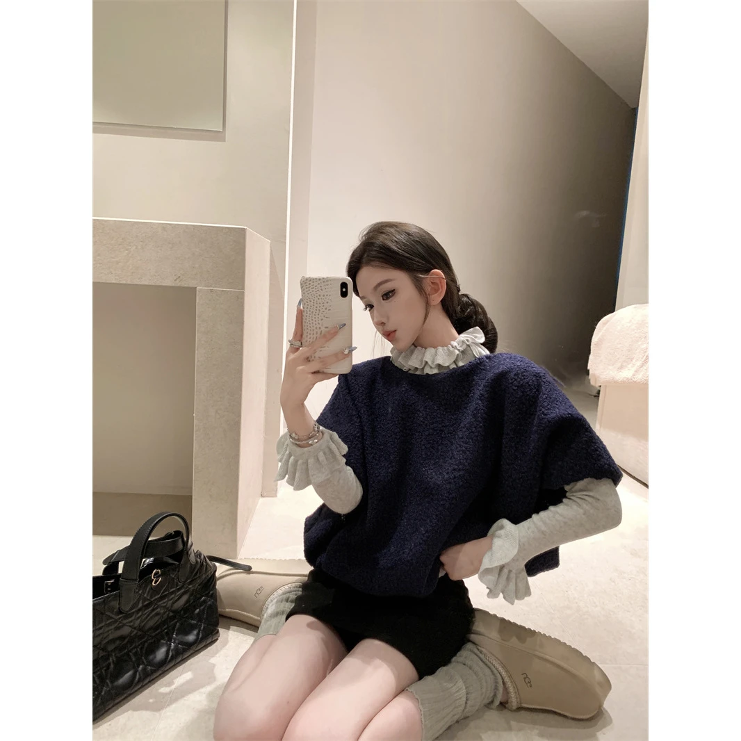 时尚复古荷叶边针织衫套装女小众设计感纯欲风叠穿马甲背心两件套