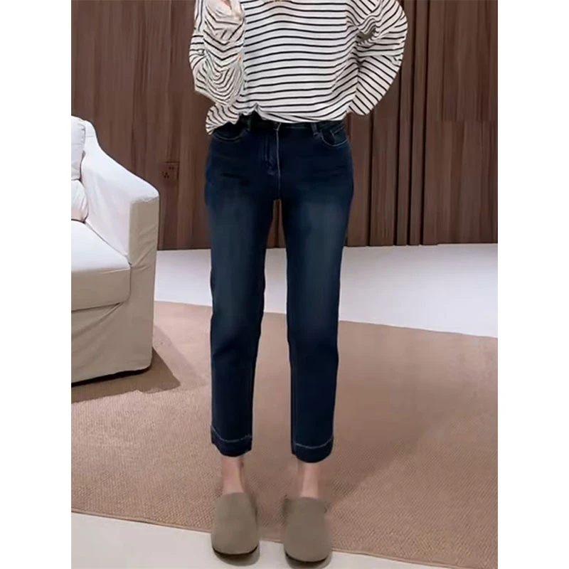 2025早秋新款小个子高腰显瘦百搭烟管裤女时尚韩系简约直筒牛仔裤