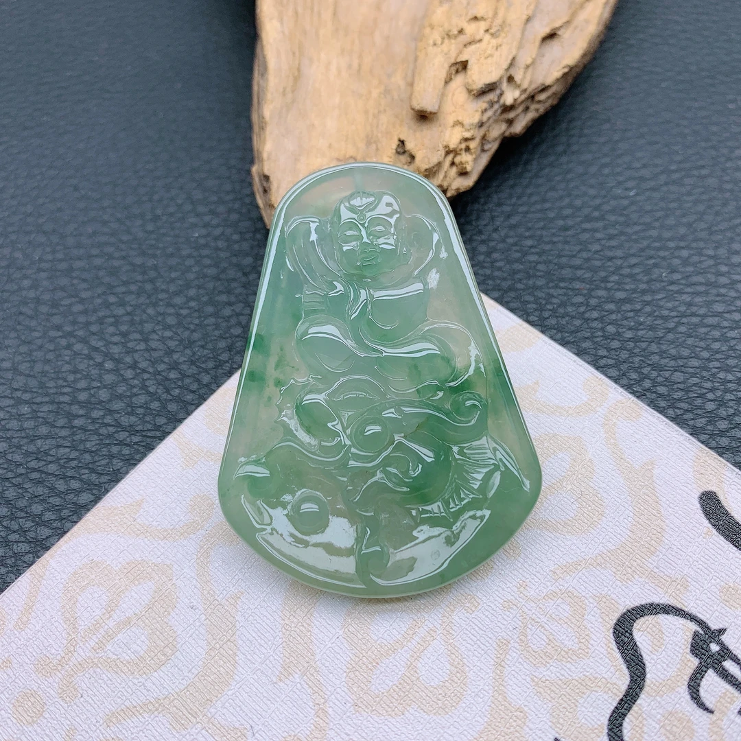 229~天然翡翠A货冰润精雕满绿招财童子吊坠气质高贵精美挂件