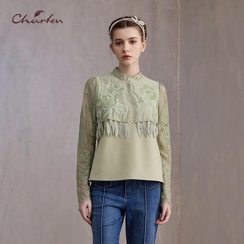 【达人专属】朝峰秋季宽松时尚流苏高领蕾丝上衣CFE3B318-3021B