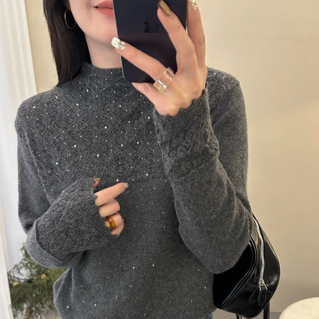 半高领镂空图案袖口镂空设计纯色毛衣秋冬新款女装时尚洋气