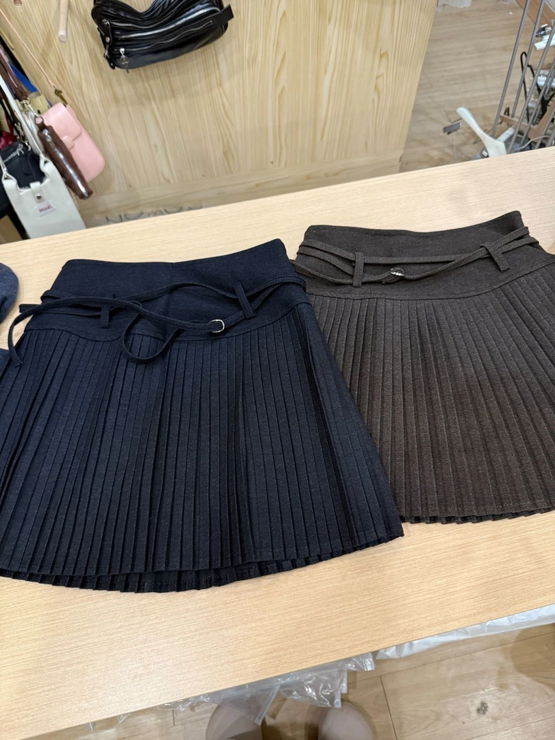 【dd】秋冬遮胯/学院风毛呢百褶裙短裙带腰带半身裙