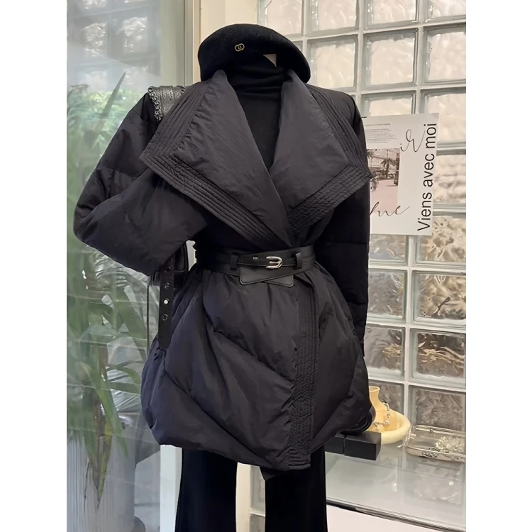 韩系洋气翻领系腰带中长款棉服女冬季款收腰显瘦加厚保暖棉衣外套