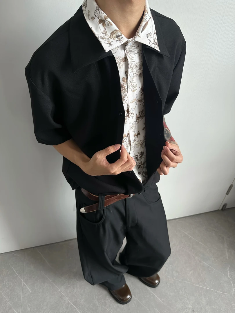 【EME】「亚麻花领」新贵优雅一片领翻领假两件休闲短袖衬衫上衣