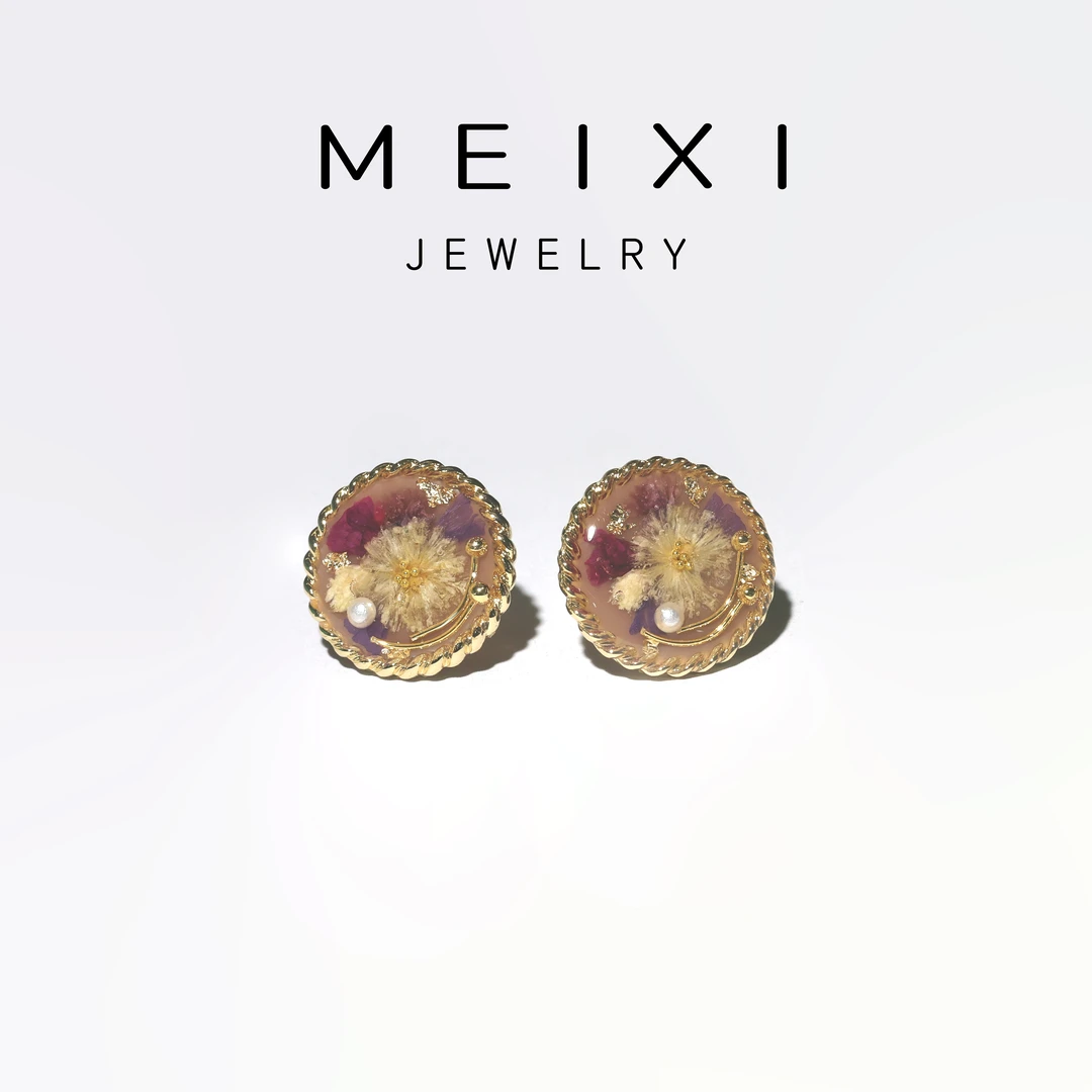 非金属树脂耳饰 植物压花方形奶茶色真花百搭重工原创手作耳钉F04