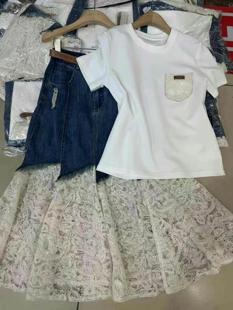 正品原创时尚套装女2025夏季新款短袖T恤牛仔拼接半身裙两件套