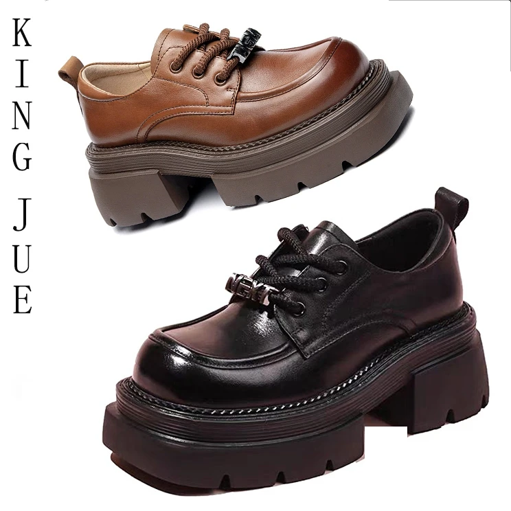 【王爵】抗震静音真皮厚底乐福鞋/粗跟厚底系带休闲鞋/黑色厚底鞋子