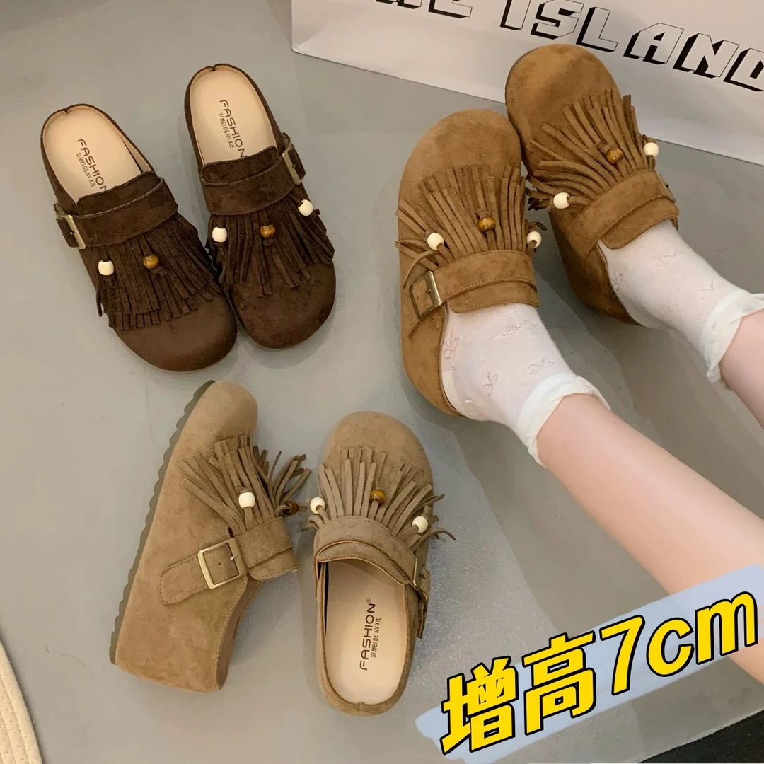 小个子7cm内增高流苏包头拖鞋女2025秋季新款复古一脚蹬勃肯半拖