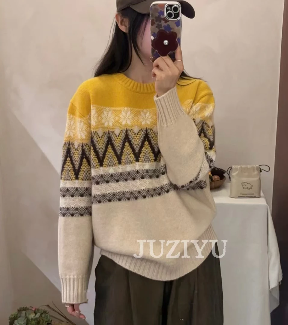 2025秋冬新款纯山羊绒重工提花圆领针织套头长袖打底衫