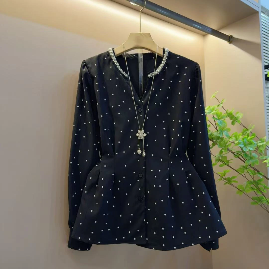 时尚洋气早秋波点重工百搭显瘦圆领长袖减龄上衣（长63左右）