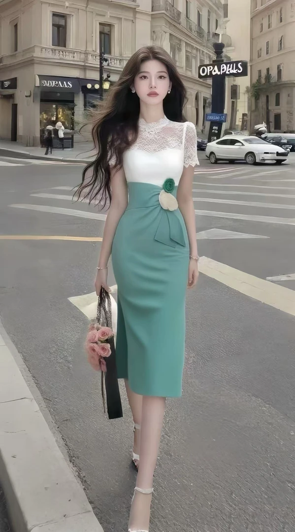 轻奢气质名媛高端女装绿色修身短袖收腰包臀蕾丝中长裙两件套女