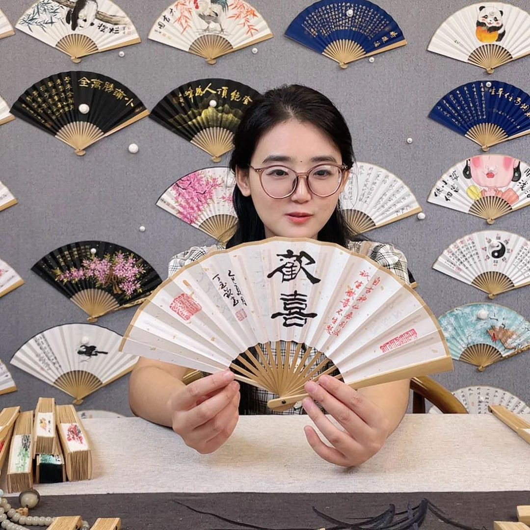 国画6寸玉竹-纯手绘-文玩扇骨（默认粘好）