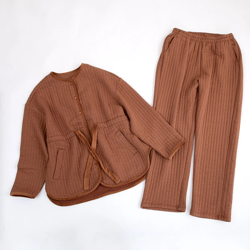 天竺良品夹棉空气层保暖家居服春秋冬季长袖时尚休闲百搭女士睡衣