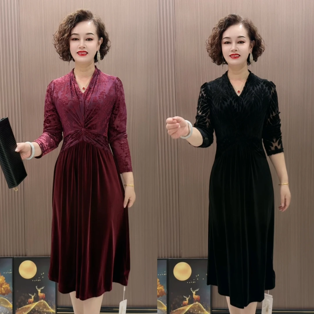 秋季新款收腰显瘦拼接百搭黑色丝绒气质连衣裙裙子