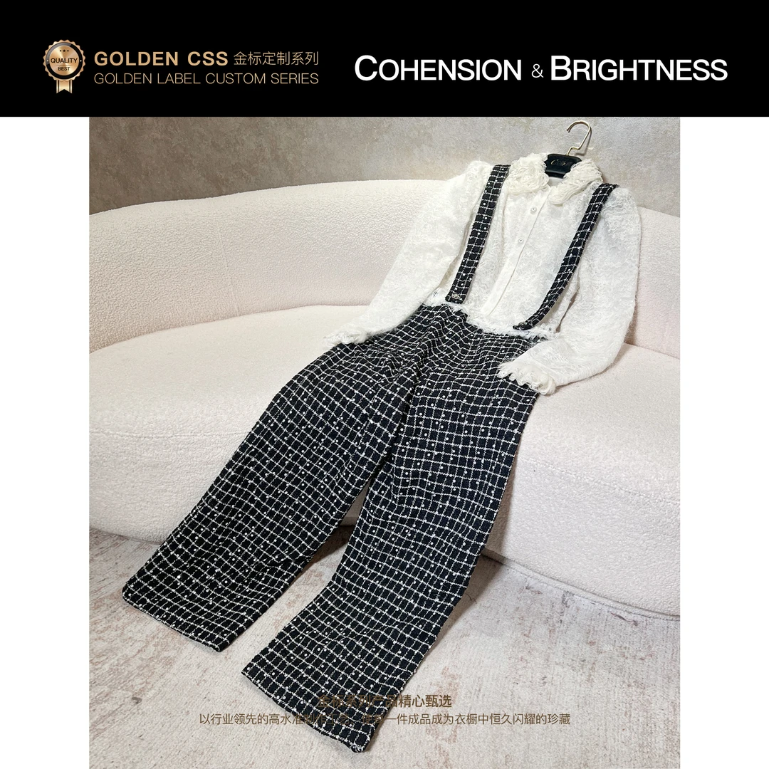 凝慧【情迷苏格兰】法式温柔风蕾丝衬衫+格纹亮片背带裤套装TS332