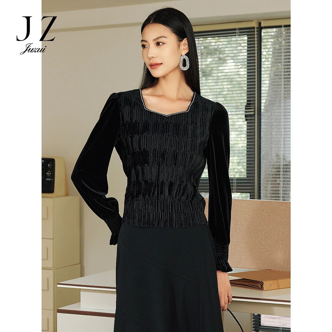 JZ玖姿JWFC80112商场同款优雅气质立体褶皱丝绒上衣女2025春季款
