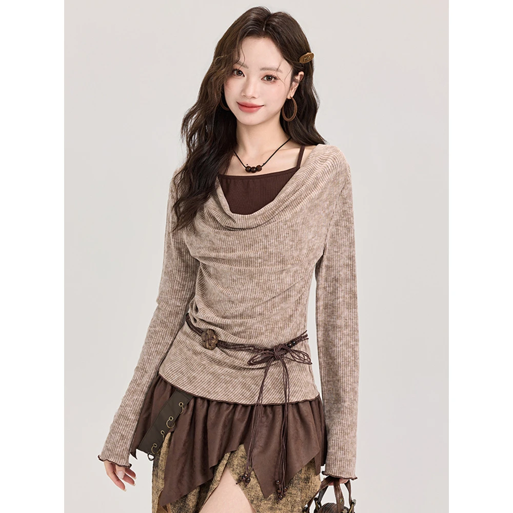 美拉德复古荡领假两件长袖t恤女秋季设计感小众修身内搭打底上衣