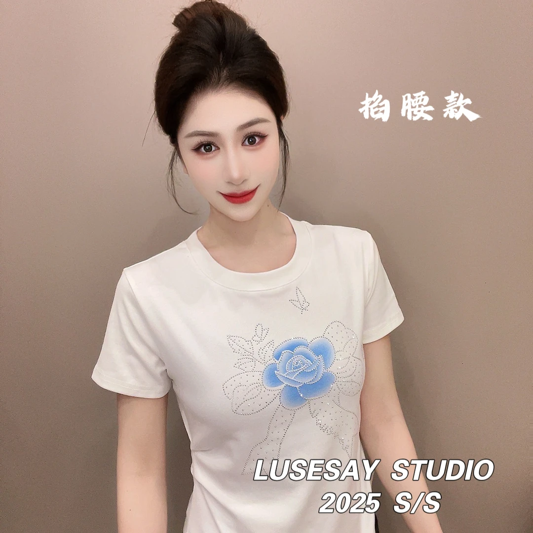 LUSESAY 蝴蝶结花花烫钻 夏季2025新款 短袖t恤女显瘦掐腰上衣