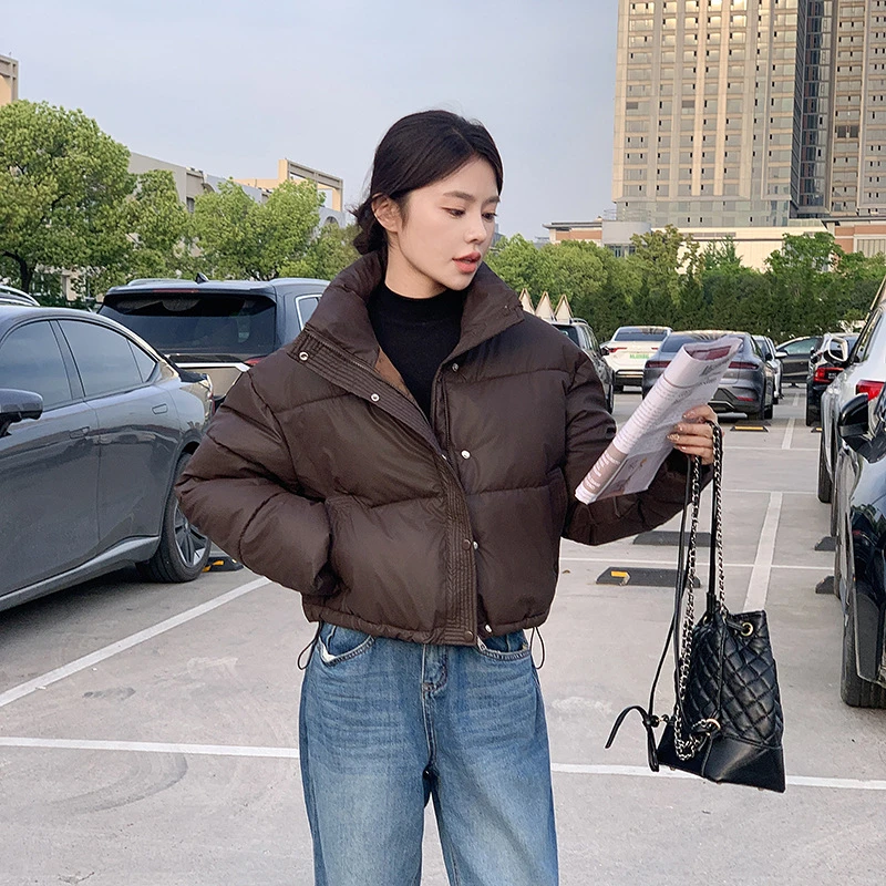 欧洲站免洗PU皮女款2025冬季新款加厚立领短款小个子棉衣外套宽松