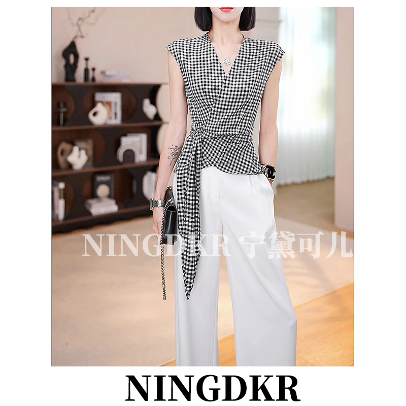 黛B40674法式复古黑白格子绑带背心上衣女收腰显瘦设计感气质小衫