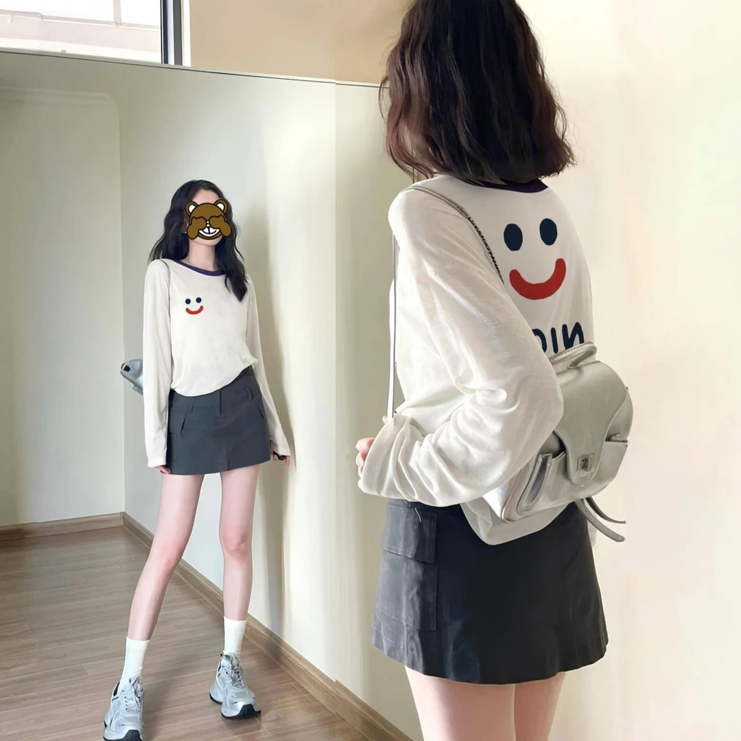 韩系白色长袖t恤空调罩衫女夏宽松微透小众笑脸印花防晒服上衣ins
