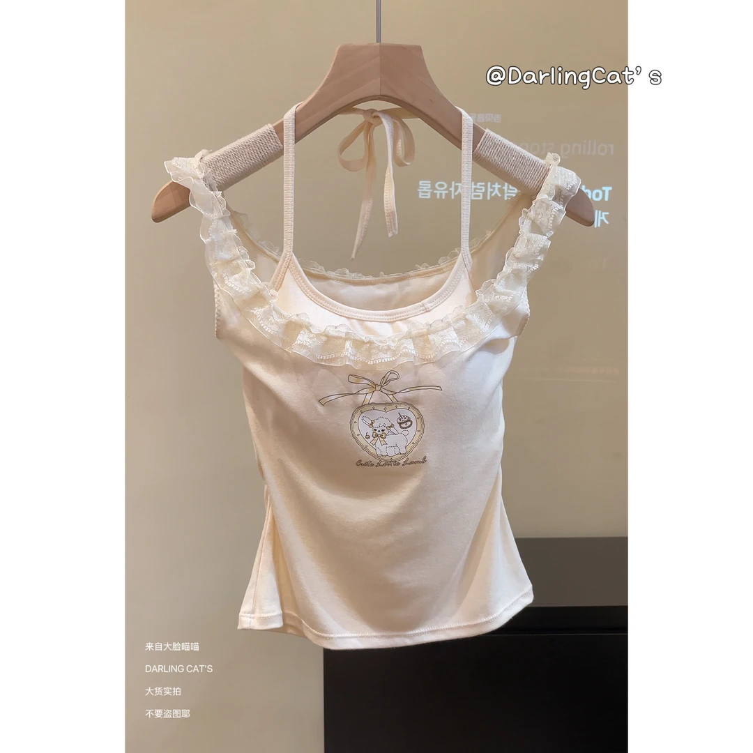 大脸喵 少女感 带胸垫2025春夏新款挂脖吊带印花蕾丝背心内搭打底