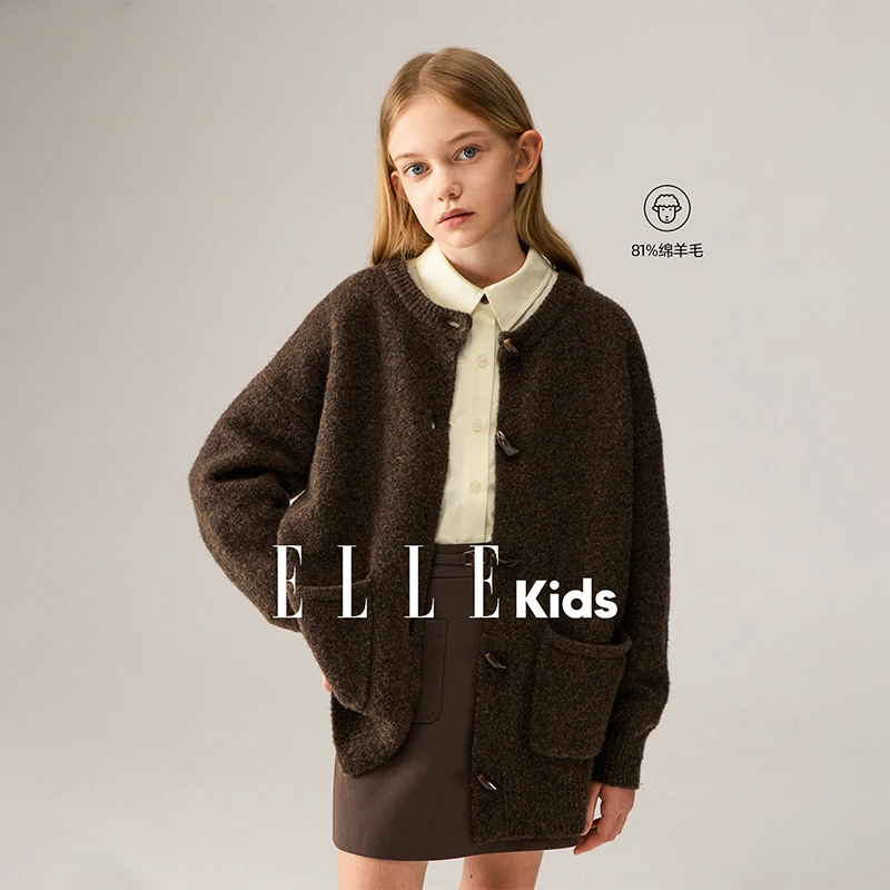 ELLEKIDS童装牛角扣毛衣开衫女童秋季学院风羊毛混纺针织衫外套F4