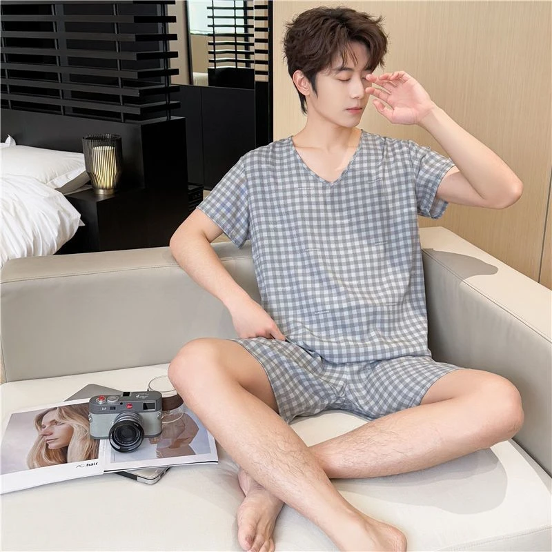 夏季青年棉绸睡衣薄款男士套装短袖短裤人造棉家居服可外绵绸