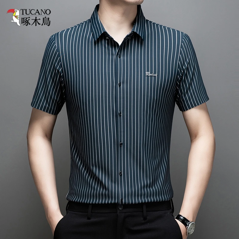 啄木鳥薄款男士锦氨无痕短袖商务休闲春夏季中年翻领竖条暗纹衬衫