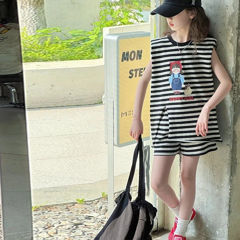 女童夏装条纹背心五分裤两件套2025新款中大童韩版女孩上衣短裤潮